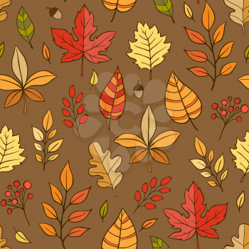 Autumn doodle seamless pattern with falling leaves on a brown background. Hand drawn vector illustration 