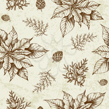 Vintage winter seamless pattern with poinsettia flowers and evergreen plants. Decorative background for Christmas and new year. Hand drawn vector pattern.