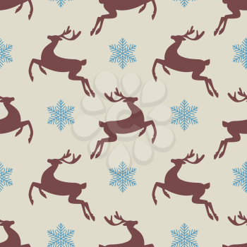 New year and Christmas seamless pattern with silhouette of deer and snowflakes. Vector background