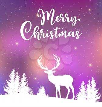Christmas vector background with deer and winter snowy landscape. New Year greeting card. Merry Christmas lettering