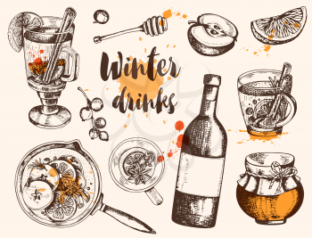 Vintage vector hand drawn mulled wine and ingredients. Traditional Christmas food and drink.