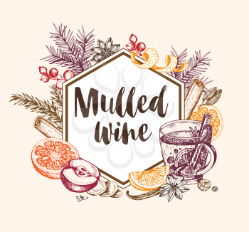 Vintage vector hand drawn background with mulled wine and spices. Traditional Christmas food and drink.