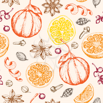 Vintage hand drawn seamless pattern with ingredients and spices for mulled wine. Traditional Christmas food and drink. Vector background.