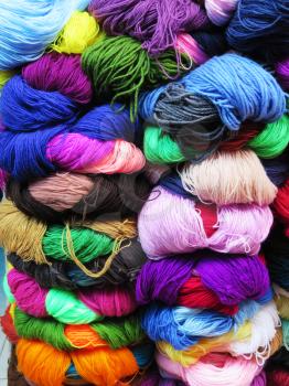 Natural dyed wool yarn in the peruvian Andes at Cuzco Peru