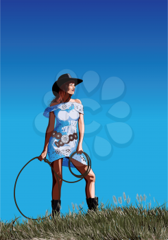 An attractive cowboy girl in a very short light dress is standing in the grass and holding a lasso