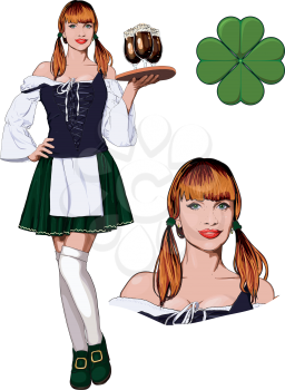 Young red-haired Irish waitress in corset, stockings and green skirt with dark beer glasses on tray