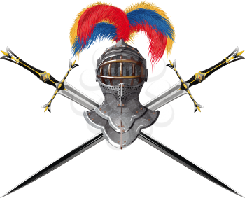 Ancient knight combat helmet with raised visor and a plume of bright feathers and crossed  decorated swords