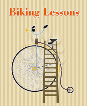 Concept Announcement training biking. Is shown vintage bicycle with him put to the wooden stairs