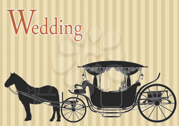 Beautiful wedding carriage drawn by horses on striped background