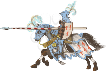 Horseback Knight of the tournament with a spear at the ready galloping towards the opponent