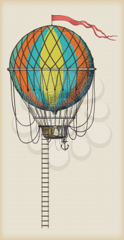 Retro colored hot air balloon with the flag and ladder on vintage beige background