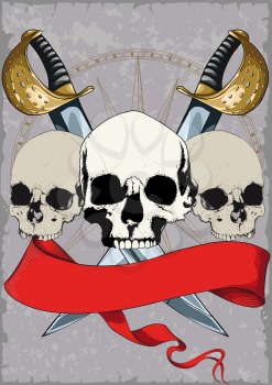 Pirate Poster with skulls, crossed swords and red ribbon on grunge background