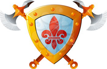 Beautiful knight shield with two crossed axes on white background