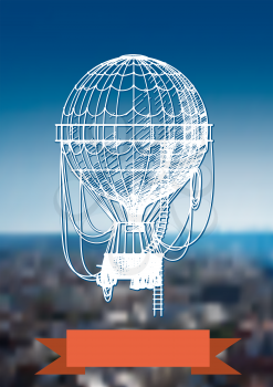 hot air balloon rises above the European city town. Illustration with blank space for text