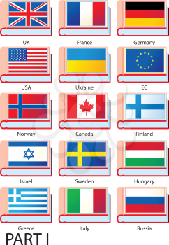 Flags of Europe, America and Asia featured on the covers of dictionaries with country names.