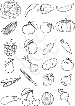Set of silhouettes of a single line of vegetables, fruits and berries isolated on white background