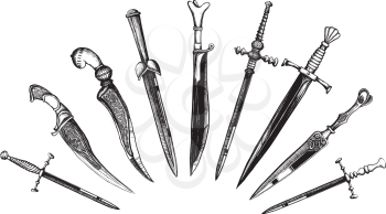 Set of Oriental and European Daggers in a woodcut like method