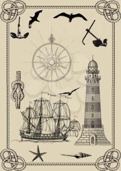 Set of images of sea-related stylized old engraving