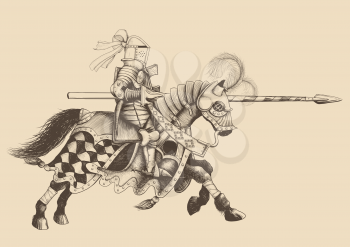 Horseback Knight of the tournament with a spear at the ready galloping towards the opponent. engraving