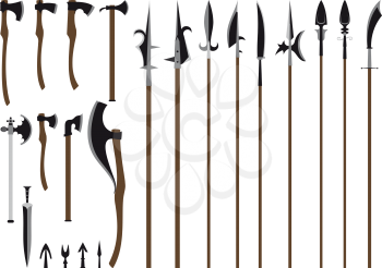 A large set of medieval weaponry. Spears, halberds, axes, sword and arrows. Isolated on white background