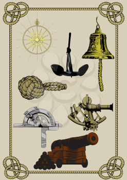 set of ancient naval supplies and tools in a frame of rope. Cannon, Wind rose, anchor, bell and other