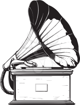Ancient phonograph with a trumpet black on a white background