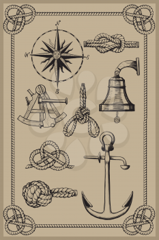Nautical elements on vintage background. drawing woodcut method.