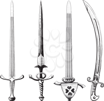 Different set of swords and sabers made like drawing in ink