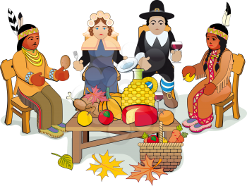 Illustration Thanksgiving Day. Pilgrims and Native American Couple