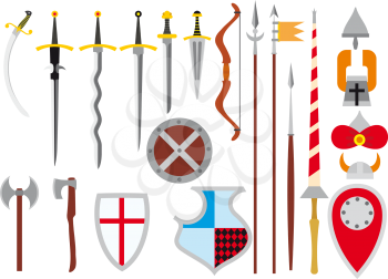 large primitive set of medieval weapons and defenses