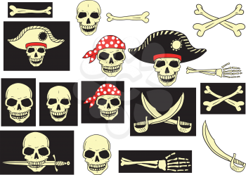 set of carelessly drawn skulls, saber and bones, imitating the style of pirate flag. Each subject has background, to be easier to edit