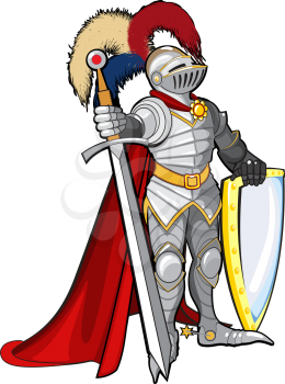 A brave knight in shining armor stands facing the enemy with a shield and a huge sword