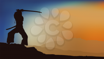 silhouette of a girl in a kimono with a katana sword practicing martial arts on the background of a mountain landscape