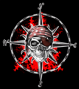 Pirate symbol Jolly Roger skull on background wind rose and red blood blots