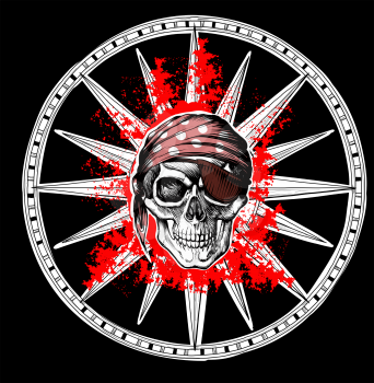 Pirate symbol Jolly Roger skull on background wind rose and red blood blots