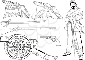Set of images of the Civil War in the United States arms, flags and a soldier with a rifle
