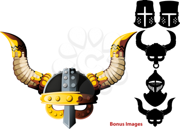 steel horned heavy viking helmet isolated on white background and several bonus images