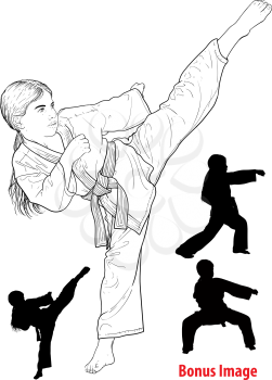 Little girl karateka in kimono trains and practices to strike and defend herself