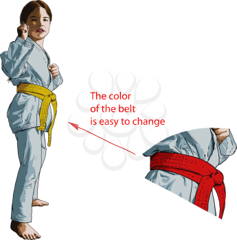 Little girl karateka stands in a fighting position facing the viewer.