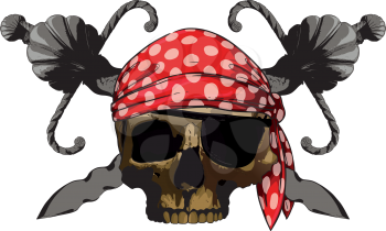 Pirate's emblem skull with two short, curved blades and red bandanna