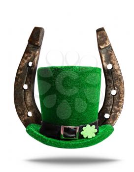 Leprechaun green hat with clover symbol and steel horseshoe luck symbol for St. Patrick's Day isolated on white background