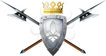 two crossed halberds a steel knight's shield with a lily and a crown radiating on a white background
