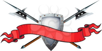 two crossed halberds steel knight's shield and red ribbon for text isolated on white background