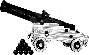 Antique pirate sea gun on a wooden carriage with cannonbals on a white background