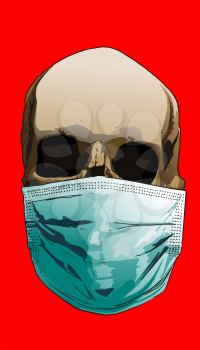 Vector illustration of a skull in a medical mask against viruses including COVID-19 on a red background