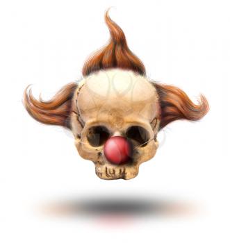 human skull with red clown hair and nose on Isolated on a white background