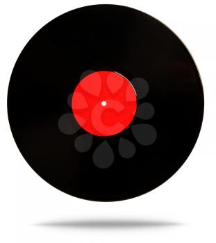 Old classic black vinyl record with an empty red label in the center