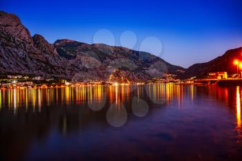 Beautiful tourist place Boka Kotorska bay in Montenegro at night