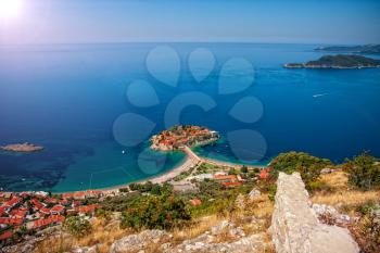 Wonderful top view of the famous Landmark Rafailovici Sveti Stefan in Montenegro