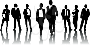 Several silhouettes of successful businessmen and businesswoman in business suits on a white background